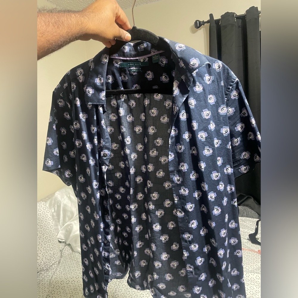 Large perry Ellis shirt with flower design it’s a dark blue shirt